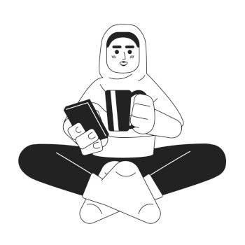 Muslim woman chilling with smartphone black and white cartoon flat illustration. Hijab girl relaxing phone, drinking coffee linear 2D character isolated. Domestic cozy monochromatic scene vector image. Muslim woman chilling with smartphone black and white cartoon flat illustration