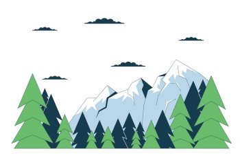 Scenery mountain range pine trees line cartoon flat illustration. Ski resort summit 2D lineart landscape isolated on white background. Clouds above mountains springtime scene vector color image. Scenery mountain range pine trees line cartoon flat illustration