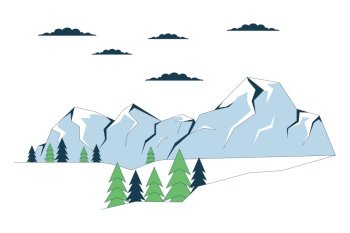 Snow-capped mountain surrounded by evergreen line cartoon flat illustration. Pine trees wintertime 2D lineart landscape isolated on white background. Winter wonderland scene vector color image. Snow-capped mountain surrounded by evergreen line cartoon flat illustration