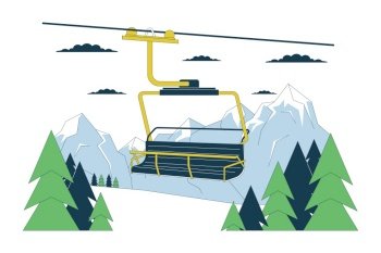 Ski lift chair in forest mountains line cartoon flat illustration. Chairlift at ski resort 2D lineart landscape isolated on white background. Elevator cableway woodland scene vector color image. Ski lift chair in forest mountains line cartoon flat illustration