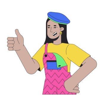 Arab funky girl showing thumb up 2D linear cartoon character. Young adult female wearing 80s retro outfit isolated line vector person white background. Nostalgia gesture color flat spot illustration. Arab funky girl showing thumb up 2D linear cartoon character