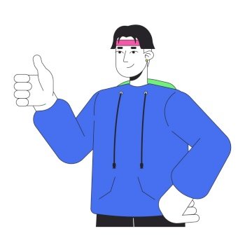 Retro inspired gen z man giving thump up 2D linear cartoon character. Handsome korean male showing support isolated line vector person white background. Nostalgia gesture color flat spot illustration. Retro inspired gen z man giving thump up 2D linear cartoon character