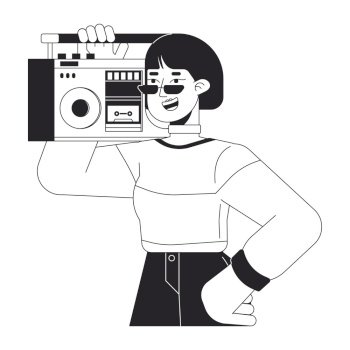 Cool asian girl carrying boombox on shoulder black and white 2D line cartoon character. 80s sunglasses young woman isolated vector outline person. Music retro monochromatic flat spot illustration. Cool asian girl carrying boombox on shoulder black and white 2D line cartoon character
