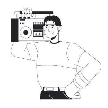 Cool korean boy holding boombox on shoulder black and white 2D line cartoon character. Headband young asian man isolated vector outline person. 80s nostalgia music monochromatic flat spot illustration. Cool korean boy holding boombox on shoulder black and white 2D line cartoon character