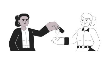 Realtor buyer key handover process black and white 2D cartoon characters. Black female realty agent, caucasian client isolated vector outline people. Homeowner monochromatic flat spot illustration. Realtor buyer key handover process black and white 2D cartoon characters