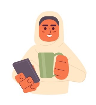 Hijab girl holding phone, drinking tea 2D cartoon character. Muslim young adult woman isolated vector person white background. Typing gadget, coffee mug. Modern lifestyle color flat spot illustration. Hijab girl holding phone, drinking tea 2D cartoon character
