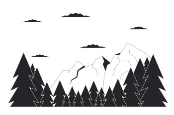 Scenery mountain range pine trees black and white cartoon flat illustration. Ski resort summit 2D lineart landscape isolated. Clouds above mountains springtime monochrome scene vector outline image. Scenery mountain range pine trees black and white cartoon flat illustration