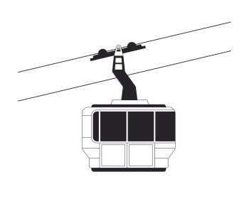 Gondola ski lift riding black and white 2D line cartoon object. Cabin cableway isolated vector outline item. Aerial skilift. Ski resort transportation ropeway monochromatic flat spot illustration. Gondola ski lift riding black and white 2D line cartoon object