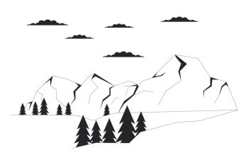 Snow-capped mountain surrounded by evergreen black and white cartoon flat illustration. Pine trees wintertime 2D lineart landscape isolated. Winter wonderland monochrome scene vector outline image. Snow-capped mountain surrounded by evergreen black and white cartoon flat illustration