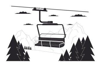 Ski lift chair in forest mountains black and white cartoon flat illustration. Chairlift at ski resort 2D lineart landscape isolated. Elevator cableway woodland monochrome scene vector outline image. Ski lift chair in forest mountains black and white cartoon flat illustration