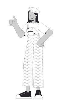 Middle eastern funky girl thumb up black and white 2D line cartoon character. Young adult woman wearing 80s retro clothes isolated vector outline person. Nostalgia monochromatic flat spot illustration. Middle eastern funky girl thumb up black and white 2D line cartoon character