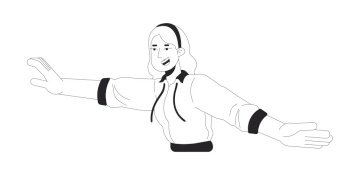 Dance move with arms caucasian woman black and white 2D line cartoon character. Blonde girl carefree lifestyle isolated vector outline person. Nostalgia performer monochromatic flat spot illustration. Dance move with arms caucasian woman black and white 2D line cartoon character