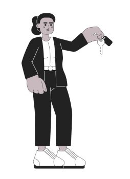 African american business woman suit giving key black and white 2D cartoon character. Black female professional isolated vector outline person. Property manager monochromatic flat spot illustration. African american business woman suit giving key black and white 2D cartoon character
