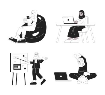 Muslim women daily lives black and white cartoon flat illustration set. Working relaxing hijab linear 2D characters isolated. Beanbag phone, fitness home monochromatic scenes vector image collection. Muslim women daily lives black and white cartoon flat illustration set
