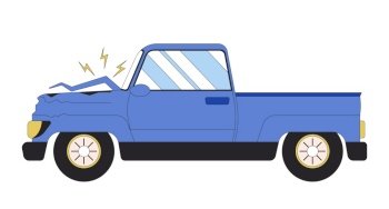 Accident automobile side view 2D linear cartoon object. Broken vehicle isolated line vector element white background. Hit parked car. Traffic violation. Dangerous driving color flat spot illustration. Accident automobile side view 2D linear cartoon object