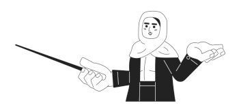 Professional mentor muslim woman black and white 2D cartoon character. Hijab female coach isolated vector outline person. Arab lady instructor pointer stick monochromatic flat spot illustration. Professional mentor muslim woman black and white 2D cartoon character