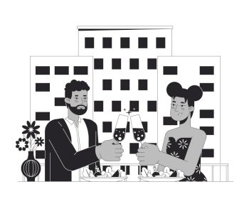 African american romantic couple dining black and white cartoon flat illustration. Lovers glasses clinking 2D lineart characters isolated. Dating Valentine day monochrome scene vector outline image. African american romantic couple dining black and white cartoon flat illustration