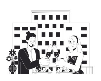 Heterosexual couple on date night restaurant black and white cartoon flat illustration. Champagne clinking caucasian 2D lineart characters isolated. Valentines monochrome scene vector outline image. Heterosexual couple on date night restaurant black and white cartoon flat illustration