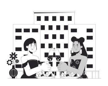 Lesbian Valentines day date black and white cartoon flat illustration. In love girlfriends wine glasses clinking 2D lineart characters isolated. Intimate moment monochrome scene vector outline image. Lesbian Valentines day date black and white cartoon flat illustration