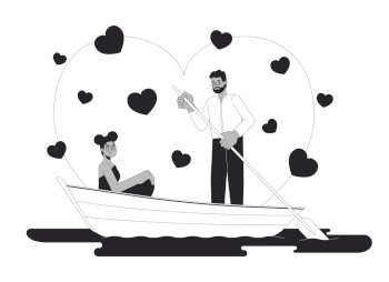 Valentines day on water black and white 2D illustration concept. African american heterosexual couple cartoon outline characters isolated on white. Black man with paddle metaphor monochrome vector art. Valentines day on water black and white 2D illustration concept