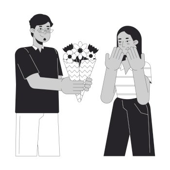Boyfriend giving bouquet flowers to girlfriend black and white cartoon flat illustration. Arab couple heterosexual 2D lineart characters isolated. Romantic monochrome scene vector outline image. Boyfriend giving bouquet flowers to girlfriend black and white cartoon flat illustration