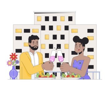 African american romantic couple dining line cartoon flat illustration. Lovers glasses clinking 2D lineart characters isolated on white background. Dating Valentine day scene vector color image. African american romantic couple dining line cartoon flat illustration