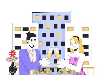 Heterosexual couple on date night restaurant line cartoon flat illustration. Champagne clinking caucasian 2D lineart characters isolated on white background. Valentines day scene vector color image. Heterosexual couple on date night restaurant line cartoon flat illustration