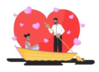 Valentines day on water 2D linear illustration concept. African american heterosexual couple cartoon characters isolated on white. Black man rowing paddle metaphor abstract flat vector outline graphic. Valentines day on water 2D linear illustration concept