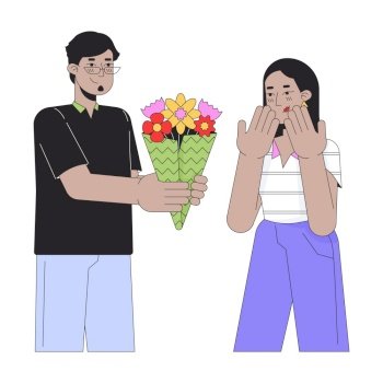 Boyfriend giving bouquet flowers to girlfriend line cartoon flat illustration. Arab couple heterosexual 2D lineart characters isolated on white background. Romantic scene vector color image. Boyfriend giving bouquet flowers to girlfriend line cartoon flat illustration