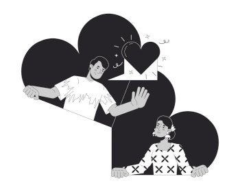 Online dating heterosexual couple black and white 2D illustration concept. Indian sweethearts cartoon outline characters isolated on white. Long distance love hearts metaphor monochrome vector art. Online dating heterosexual couple black and white 2D illustration concept