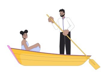 African american heterosexual couple on romantic boat ride 2D linear cartoon characters. Lovesick sweethearts isolated line vector people white background. Lake romance color flat spot illustration. African american heterosexual couple on romantic boat ride 2D linear cartoon characters