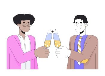 Gay men couple clinking glasses 2D linear cartoon characters. Enamored homosexual boyfriends isolated line vector people white background. Toasting champagne flutes color flat spot illustration. Gay men couple clinking glasses 2D linear cartoon characters