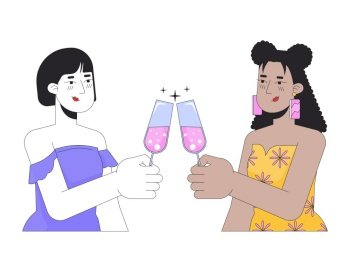 Girlfriends lesbians clinking glasses 2D linear cartoon characters. Charmed homosexual female couple isolated line vector people white background. Celebrating champagne color flat spot illustration. Girlfriends lesbians clinking glasses 2D linear cartoon characters