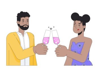 African-american couple clinking glasses 2D linear cartoon characters. Smitten girlfriend boyfriend isolated line vector people white background. Congratulations champagne color flat spot illustration. African-american couple clinking glasses 2D linear cartoon characters