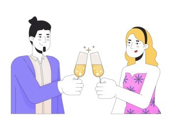 Caucasian white couple clinking glasses 2D linear cartoon characters. Deeply in love sweethearts isolated line vector people white background. Toasting champagne color flat spot illustration. Caucasian white couple clinking glasses 2D linear cartoon characters