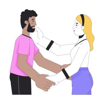 Interracial heterosexual lovers embrace 2D linear cartoon characters. Affectionate sweethearts isolated line vector people white background. Intimate bonding relationship color flat spot illustration. Interracial heterosexual lovers embrace 2D linear cartoon characters