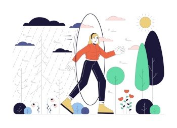 Bipolar disorder 2D linear illustration concept. Transit from rainy days to sunny weather woman cartoon character isolated on white. Seasonal depression metaphor abstract flat vector outline graphic. Bipolar disorder 2D linear illustration concept
