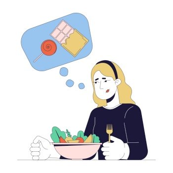 Sweet tooth depression 2D linear illustration concept. Sugar cravings woman with salad cartoon character isolated on white. Seasonal affective disorder metaphor abstract flat vector outline graphic. Sweet tooth depression 2D linear illustration concept