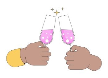 Champagne glasses clinking linear cartoon character hands illustration. Alcoholic wineglasses toasting outline 2D vector image, white background. Sparkle cheers editable flat color clipart. Champagne glasses clinking linear cartoon character hands illustration