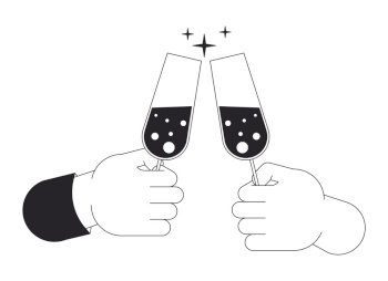 Champagne glasses clinking cartoon human hands outline illustration. Alcoholic wineglasses toasting 2D isolated black and white vector image. Sparkle cheers flat monochromatic drawing clip art. Champagne glasses clinking cartoon human hands outline illustration