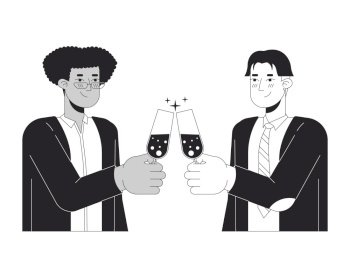Gay men couple clink glasses black and white 2D line cartoon characters. Enamored homosexual boyfriends isolated vector outline people. Toasting champagne flutes monochromatic flat spot illustration. Gay men couple clink glasses black and white 2D line cartoon characters