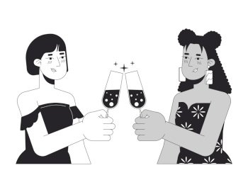 Girlfriends lesbians clinking glasses black and white 2D line cartoon characters. Charmed homosexual female couple isolated vector outline people. Celebrating monochromatic flat spot illustration. Girlfriends lesbians clinking glasses black and white 2D line cartoon characters