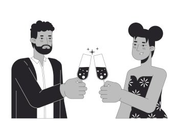 African-american couple clinking glasses black and white 2D line cartoon characters. Smitten girlfriend boyfriend isolated vector outline people. Congratulations monochromatic flat spot illustration. African-american couple clinking glasses black and white 2D line cartoon characters