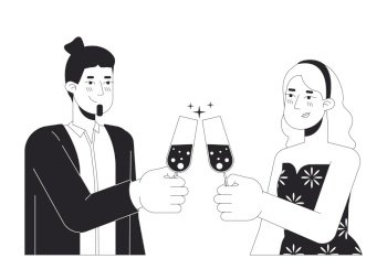 Caucasian white couple clinking glasses black and white 2D line cartoon characters. Deeply in love sweethearts isolated vector outline people. Toasting monochromatic flat spot illustration. Caucasian white couple clinking glasses black and white 2D line cartoon characters