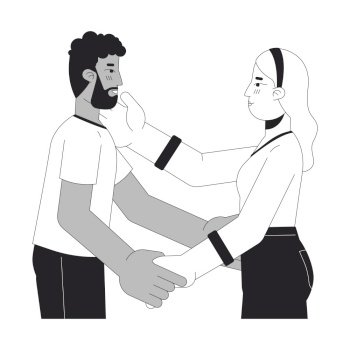 Interracial heterosexual lovers embrace black and white 2D line cartoon characters. Affectionate sweethearts isolated vector outline people. Intimate bonding monochromatic flat spot illustration. Interracial heterosexual lovers embrace black and white 2D line cartoon characters