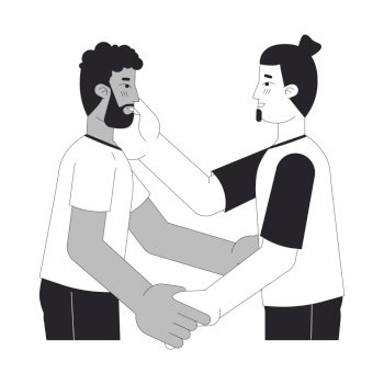 Gay men lovers embrace black and white 2D line cartoon characters. Passionate homosexual couple isolated vector outline people. I love you. Intimate bonding monochromatic flat spot illustration. Gay men lovers embrace black and white 2D line cartoon characters