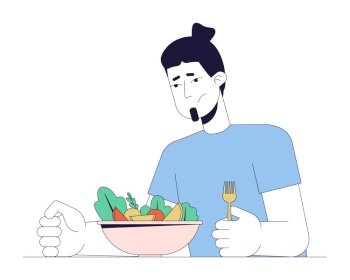 Caucasian white man loss appetite 2D linear cartoon character. Sad european guy isolated line vector person white background. Weight loss diet. Eating disorder man color flat spot illustration. Caucasian white man loss appetite 2D linear cartoon character