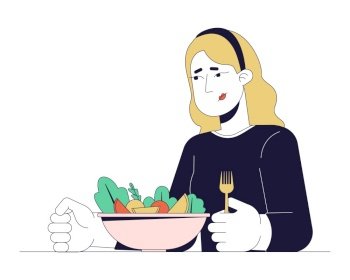 Caucasian woman decreased appetite 2D linear cartoon character. Sad blonde female with eating disorder isolated line vector person white background. Weightloss meal color flat spot illustration. Caucasian woman decreased appetite 2D linear cartoon character