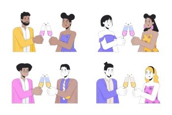 Diverse couples champagne clinking 2D linear cartoon characters set. Wineglasses toasting isolated line vector people white background. Happy valentines day color flat spot illustrations collection. Diverse couples champagne clinking 2D linear cartoon characters set