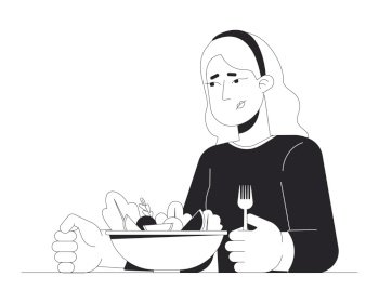 Caucasian woman decreased appetite black and white 2D line cartoon character. Sad blonde female eating disorder isolated vector outline person. Weightloss meal monochromatic flat spot illustration. Caucasian woman decreased appetite black and white 2D line cartoon character